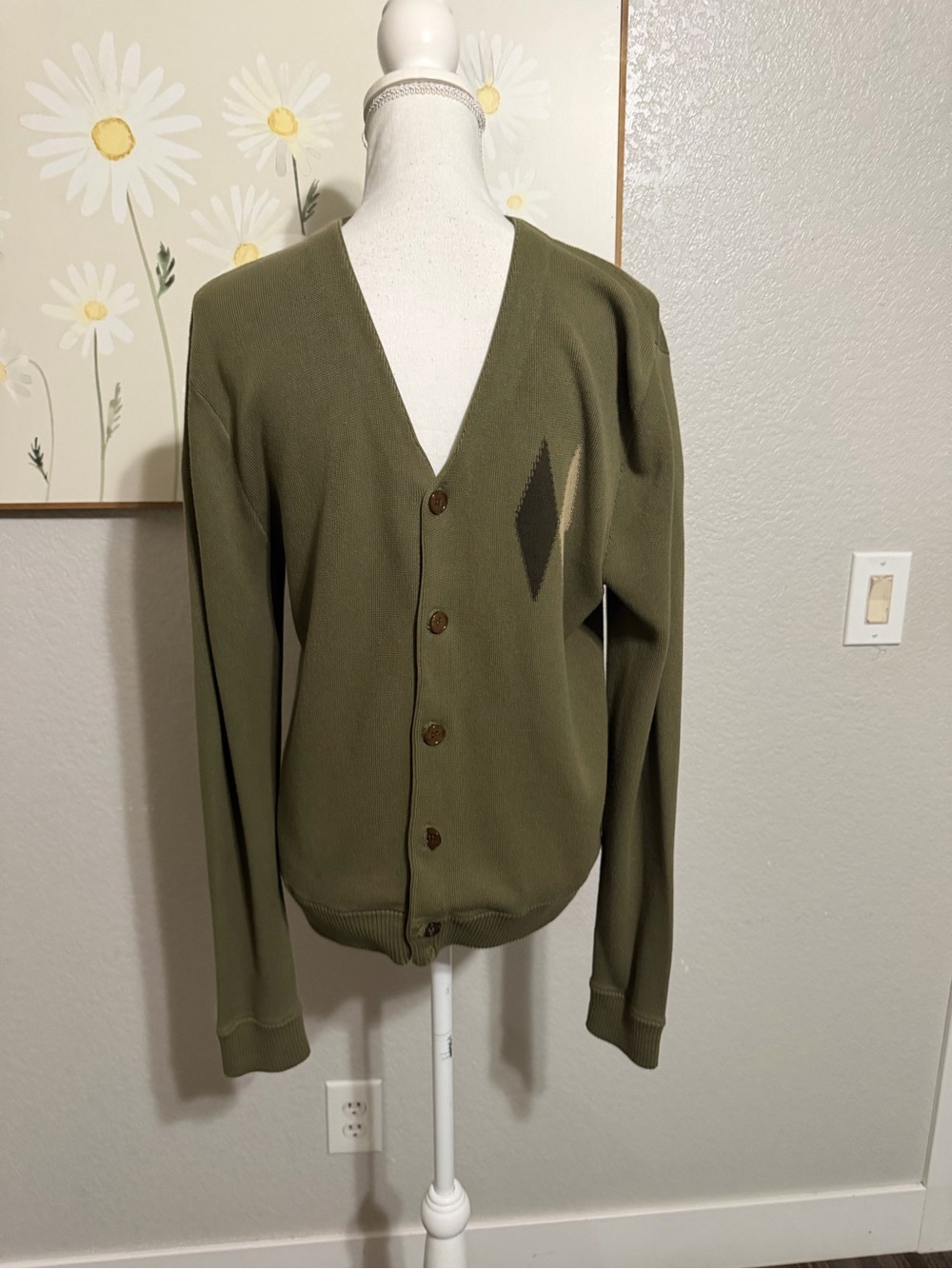 Men's Olive Green Button-Front V-Neck Sweater Cardigan fink